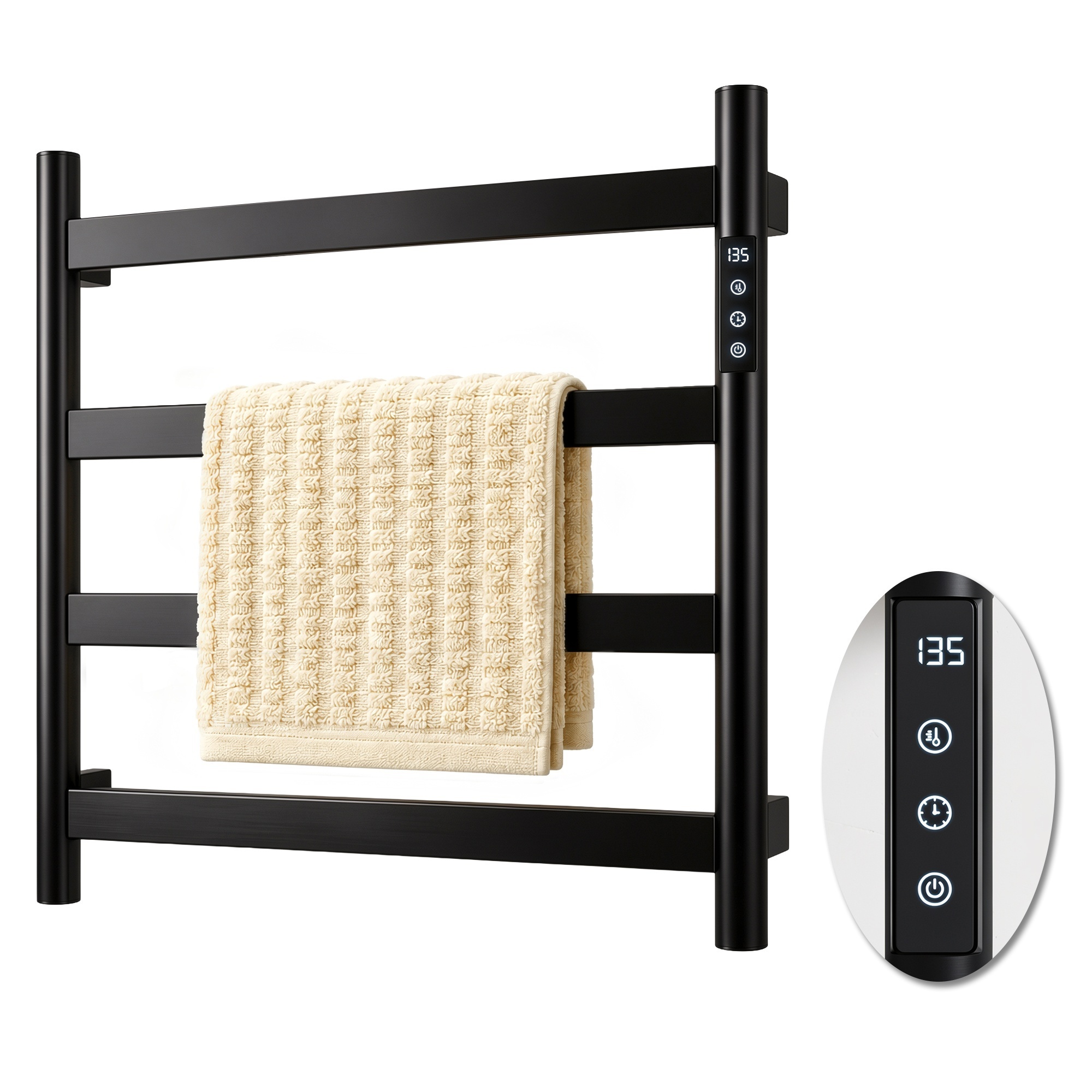 EdenDirect Electric Towel Warmer Rack — Wall-Mounted Heating Towel Warmer, Timer & Temperature Control, Plug-in, Black, Stainless Steel, For Bathroom
